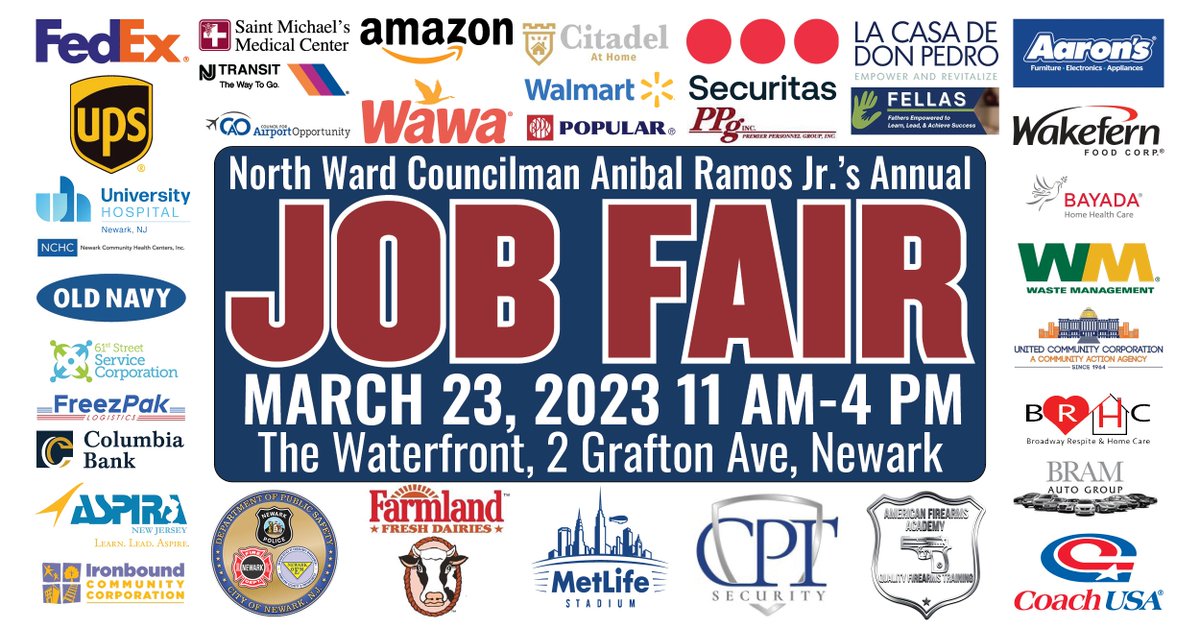 My annual Job Fair will be held on March 23, 2023 from 11 a.m. to 4 p.m. at the Waterfront at 2 Grafton Avenue in Newark. We have dozens of employers in a variety of fields interested in hiring Newarkers. You must register in advance at anibalramosjr.com/jobfair