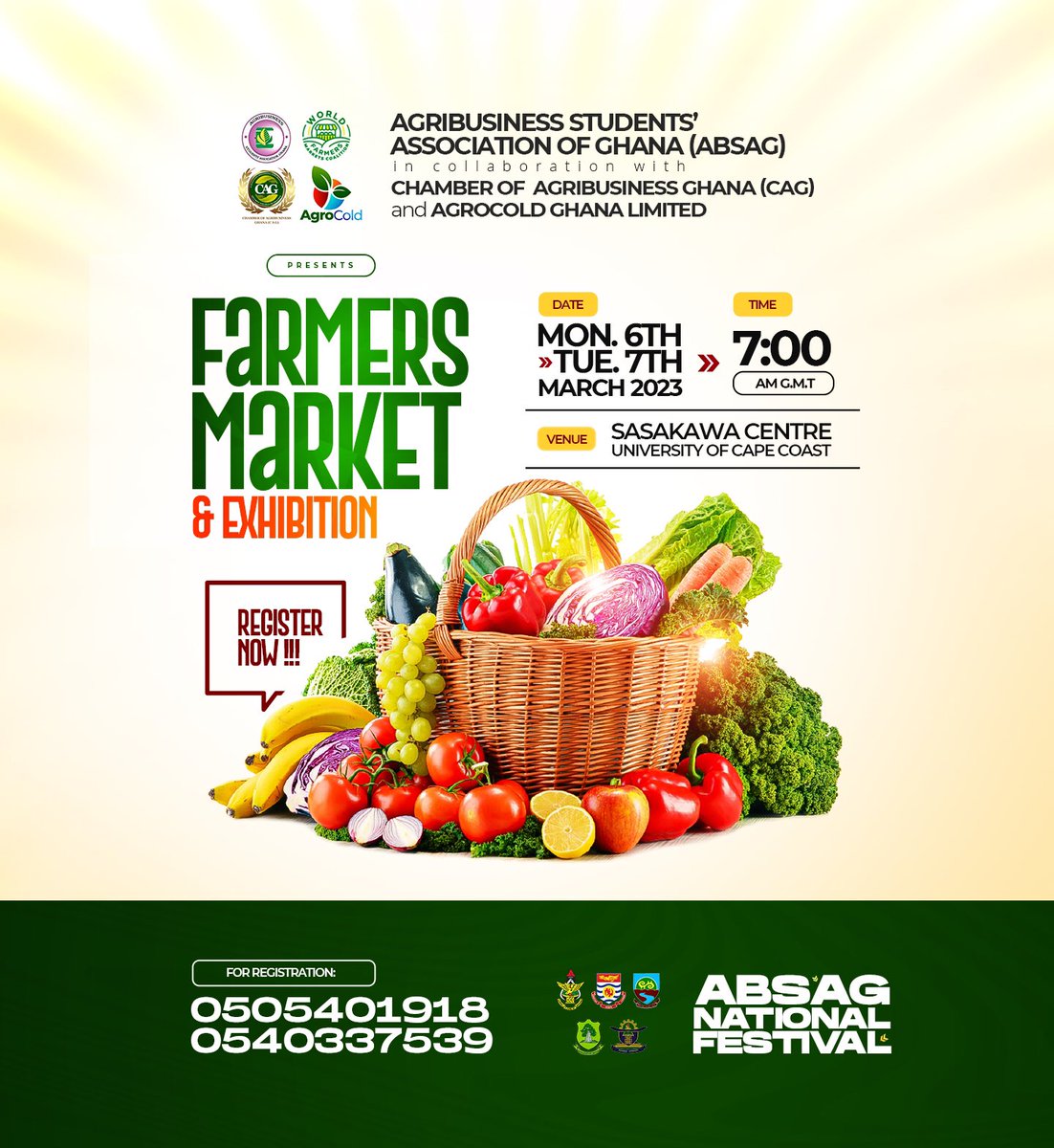 AgroCold Ghana in collaboration with ABSAG-UCC and Chamber of Agribusiness Ghana (CAG) brings you the maiden edition of farmers market &amp; exhibition on 6th &amp; 7th March 2023 at the University of Cape Coast, Sasakawa centre. Stock your homes with freshly harvested farm produce.