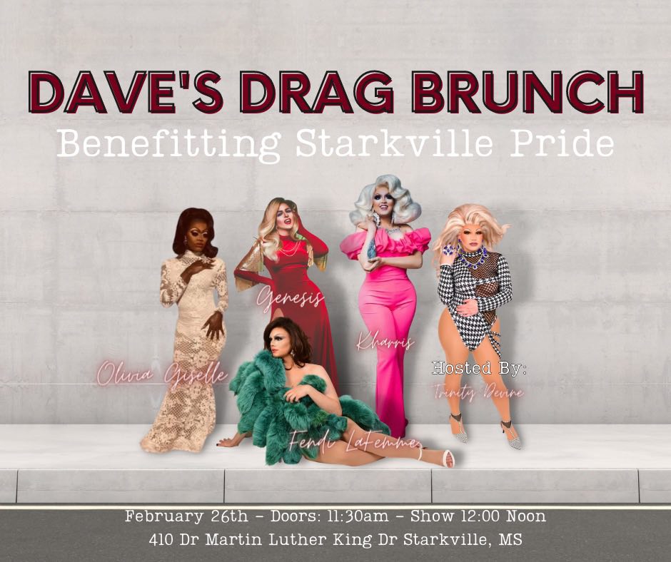 Sunday February 26, Trinity Devine is hosting another fabulous Drag Brunch at Dave's Darkhorse! Catch these amazing performers as they show Starkville how Brunch is done! Presale tickets are $12 -> eventbrite.com/e/daves-drag-b… 

#Pride #StarkvillePride #Brunch #DragBrunch