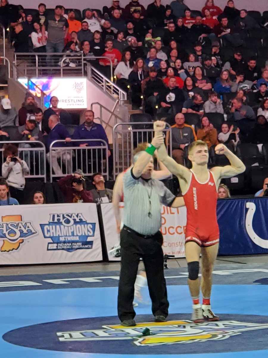 KVHSAthletics's tweet photo. 4 time state finalist.  2022 State Runner Up.  Now State Champ!  Congratulations Cole Solomey 138lb IHSAA State Champ!  Thank you for an Amazing Career. https://t.co/3fSocvtuAU
