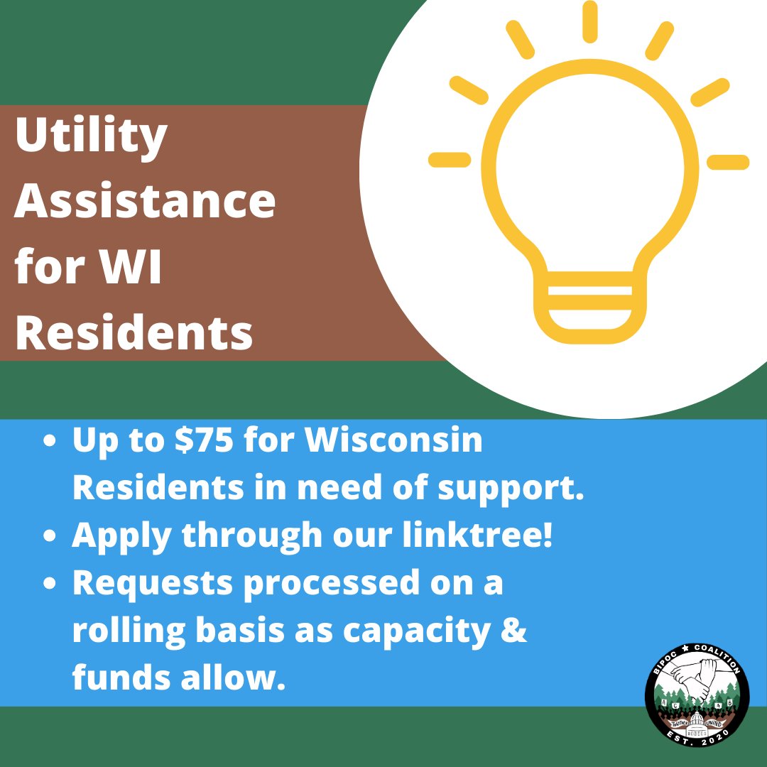 We are hoping to provide utility assistance for folks in Wisconsin! You can apply using this form forms.gle/1KYh6x645o9iun….

Currently, we have a cap of $75 per request, and we will be prioritizing BIPOC (Black, Indigenous, Person of Color), queer and/or disabled applicants.