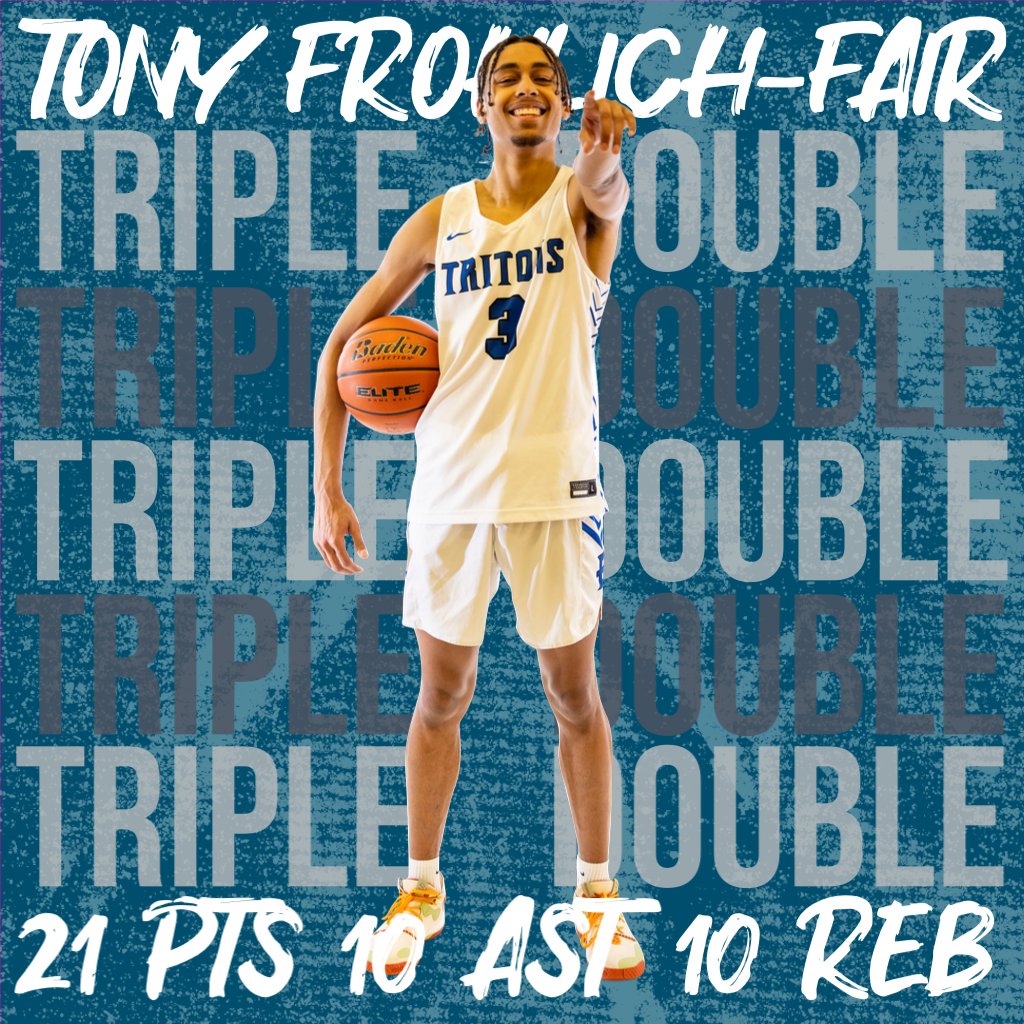 🚨TRIPLE DOUBLE ALERT🚨
After flirting with a triple double last game (26/11/8), Tony Frohlich-Fair notches a triple double!!

🔘21 points (9/13 FG)
🔘10 rebounds
🔘10 assists

#tritonpride
@NWACMBB