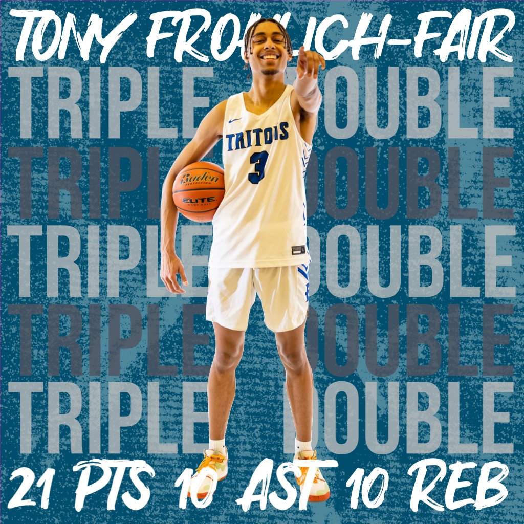 🚨TRIPLE DOUBLE ALERT🚨
After flirting with a triple double last game (26/11/8), Tony Frohlich-Fair notches a triple double!!

🔘21 points (9/13 FG)
🔘10 rebounds
🔘10 assists

#tritonpride
@NWACMBB