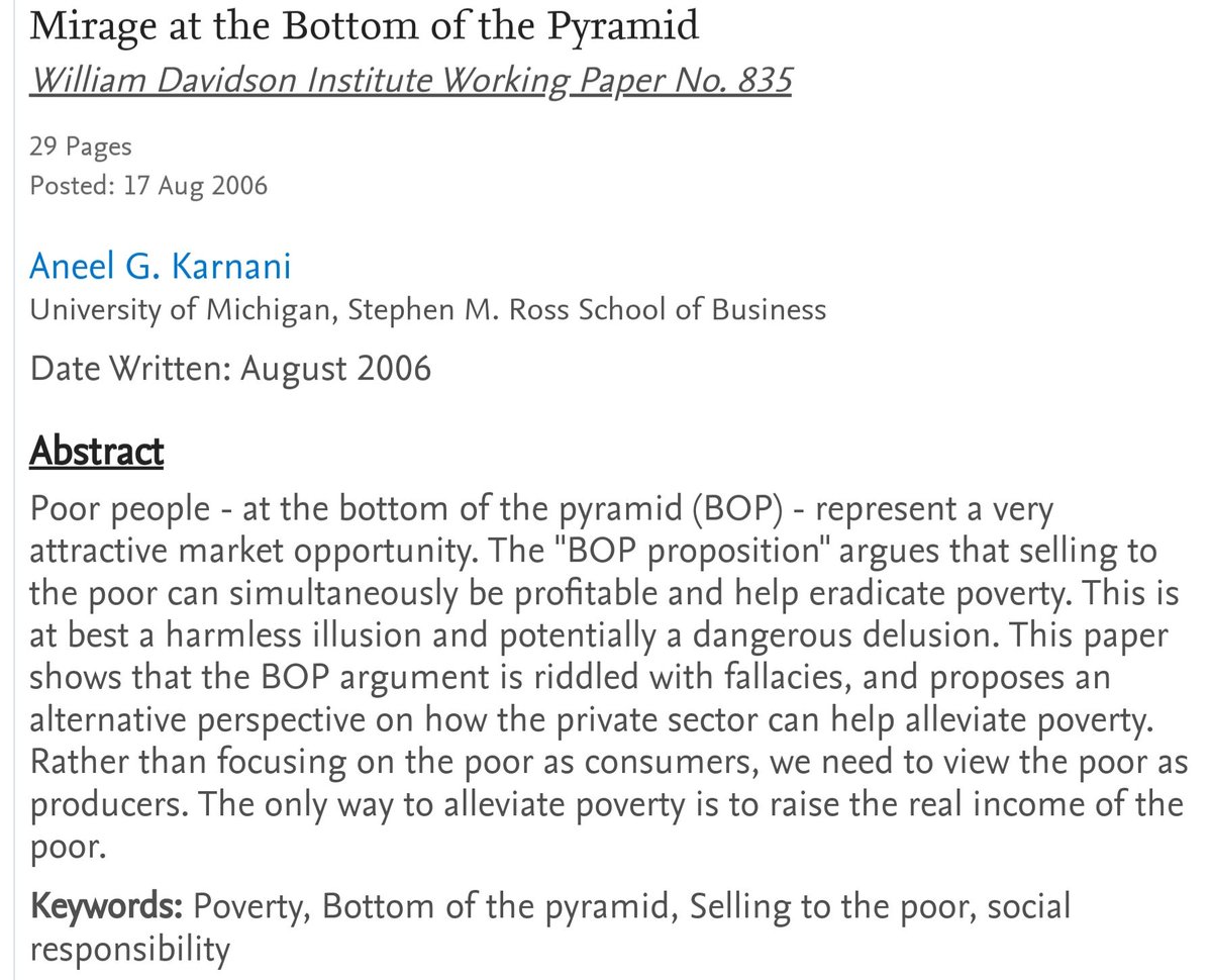 svembu's tweet photo. In 2001, Prof C K Prahalad published "Fortune at the Bottom of the Pyramid" i.e poor people as untapped markets for corporations. His idea became a big hit. I was not persuaded.

Thanks to @AnandaramSanjay I found this counter from 2006. I agree with this.
https://t.co/CId7A9mq6b https://t.co/8nhqPWVRtD
