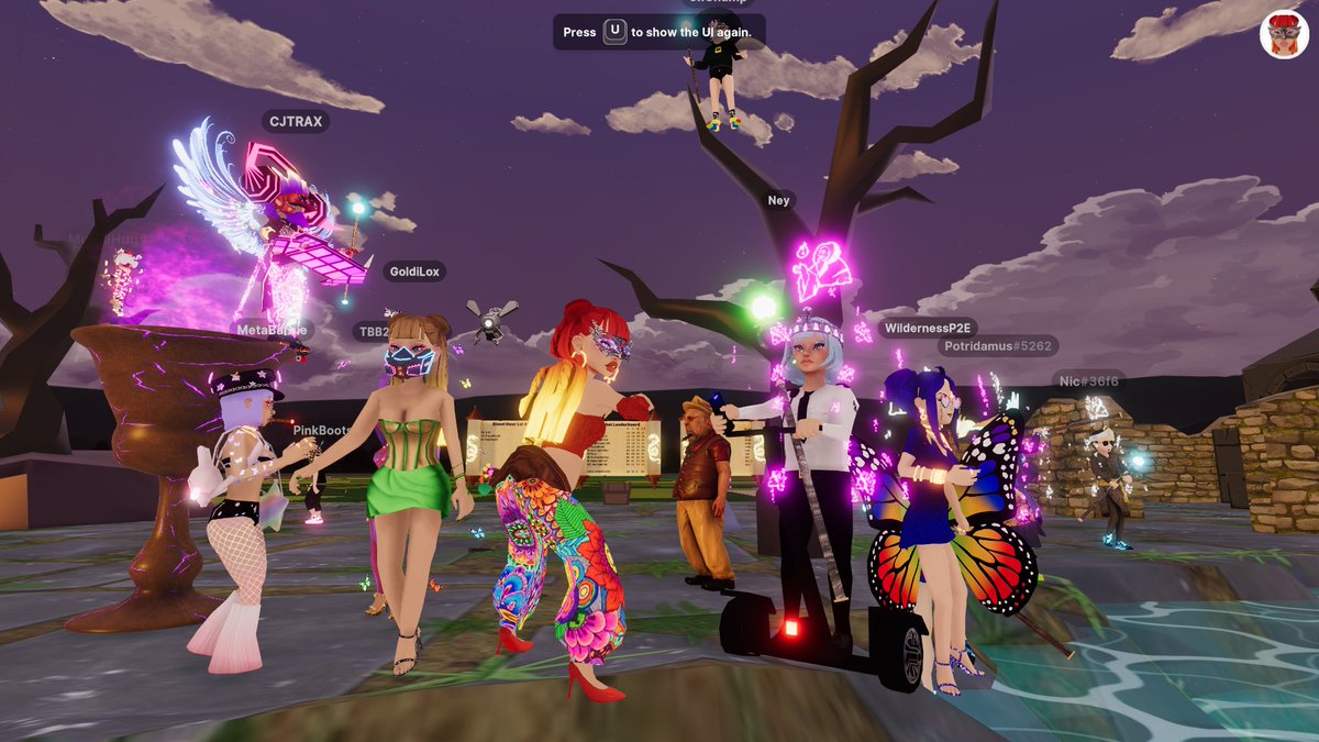 MAMATRAXdcl's tweet photo. Masquerade party is in full effect🎭💜@wildernessp2e @decentraland @neyyyhaaa @DJTRAXNFT @Potradamus @EverythingFGOLD #dcl #web3 #metaverse #decentraland #wldy #coinstore https://t.co/tJiW75ltOM