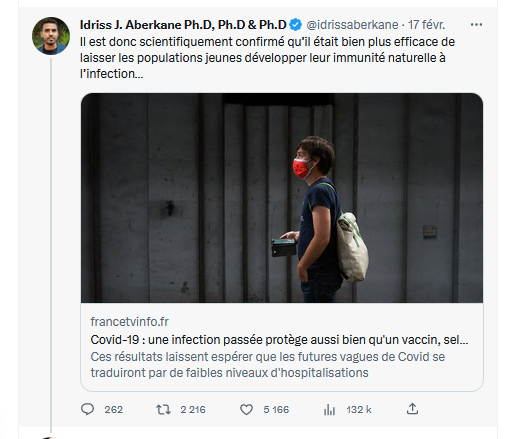 TroncheBiais's tweet photo. NON.
Les effets de l'infection sont plus graves, beaucoup plus graves que les effets secondaires potentiels de la vaccination.
Se vacciner (donc freiner la transmission) au lieu de devenir vecteur en plein épidémie, ça sauve des vies.

Propos débile et/ou perfide #Idrissaberkane https://t.co/wNA0FTtVGA