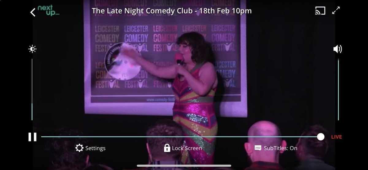 The wonderful #effervescent @katiepritchards as MC for #latenightcomedy at @LeicsComedyFest , streaming courtesy of the amazing @nextupcomedy team 💙☺️🎭✌️