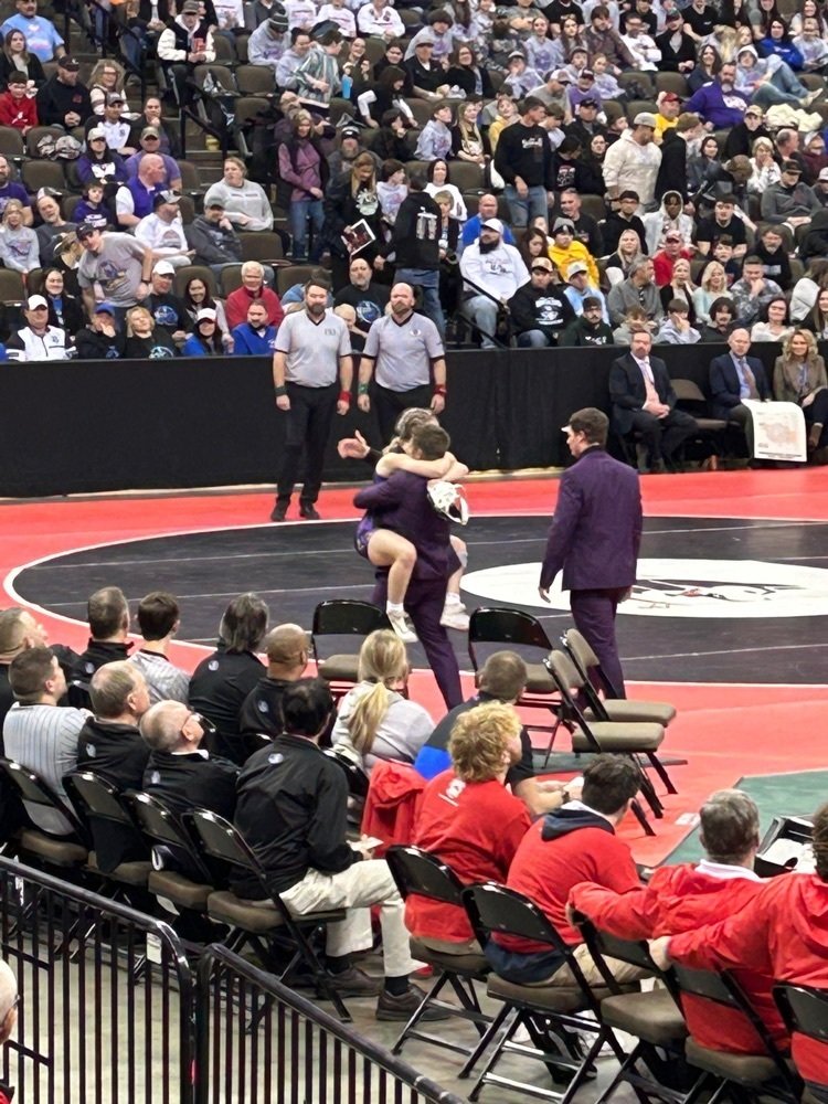 BCBraves's tweet photo. MAKING HISTORY- Afftynn Stusse is Battle Creek’s first girl’s wrestling state champion.  Afftynn wins by pin in the state championship match. https://t.co/EIAOn6RY0c