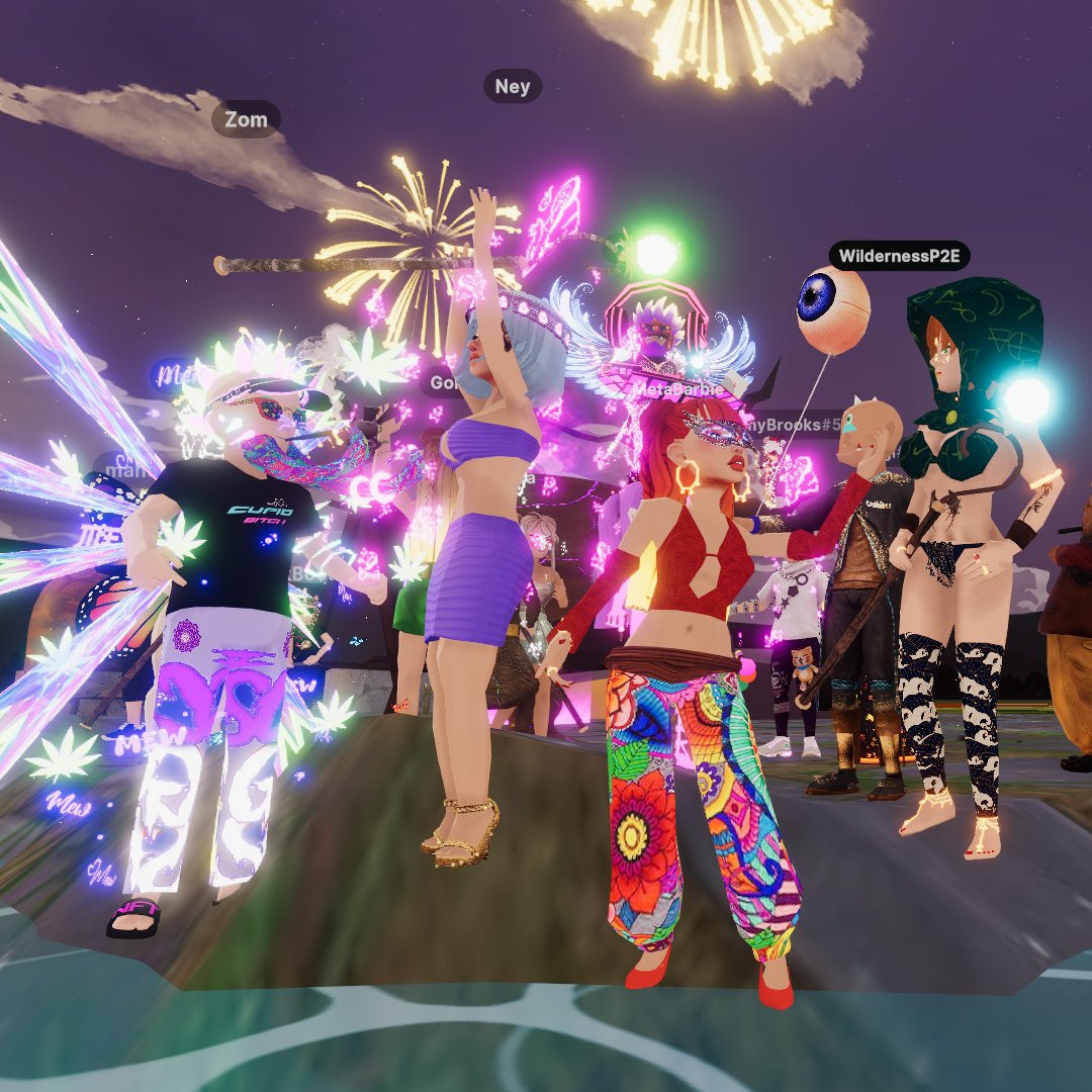 MAMATRAXdcl's tweet photo. Masquerade party is in full effect🎭💜@wildernessp2e @decentraland @neyyyhaaa @DJTRAXNFT @Potradamus @EverythingFGOLD #dcl #web3 #metaverse #decentraland #wldy #coinstore https://t.co/tJiW75ltOM
