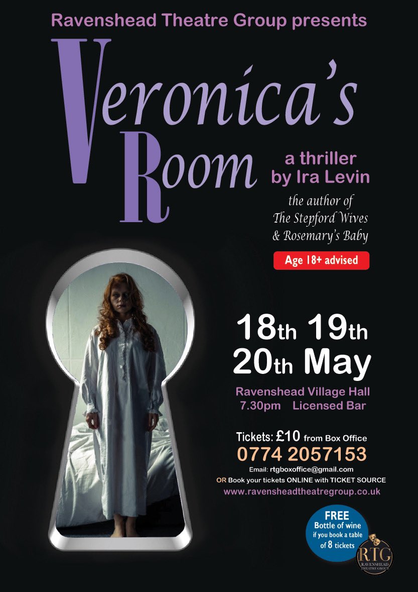 Ravenshead Theatre Group are excited to announce our next production! From the creator of Rosemary’s Baby and The Stepford Wives comes a story about a girl … we are about to enter Veronica’s Room 🎭 💀 🎭 💀 will you join us ? 
Tickets now on sale -ticketsource.co.uk/ravenshead-the… 🔑
