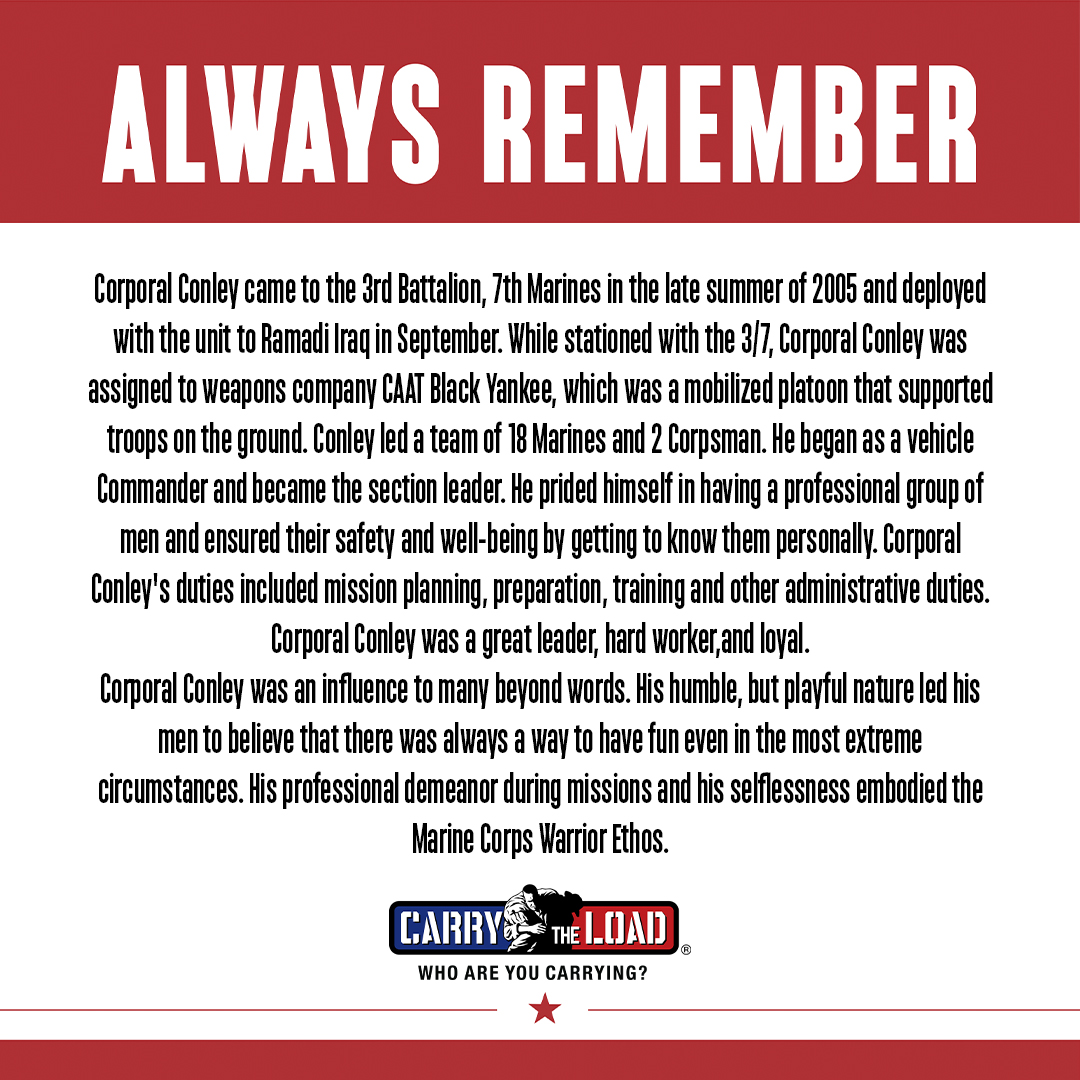 CarryTheLoad's tweet photo. We #AlwaysRemember Corporal Matthew Conley who was killed in action on this day 17 years ago.  #CarryTheLoad https://t.co/iwPrnbFwqf