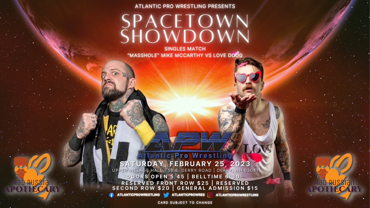 atlanticprowres's tweet photo. TICKET PROMO! TONIGHT ONLY!*
Purchase tickets today after 4pm for Spacetown Showdown on February 25th. You will be entered to win a SIGNED SHOW POSTER &amp; FOUR FRONT ROW TICKETS TO OUR NEXT SHOW IN DERRY, NH ON APRIL 15th

https://t.co/t45yyAI4qh

*purchased between 4pm &amp; Midnight https://t.co/vG98VQsl9Z