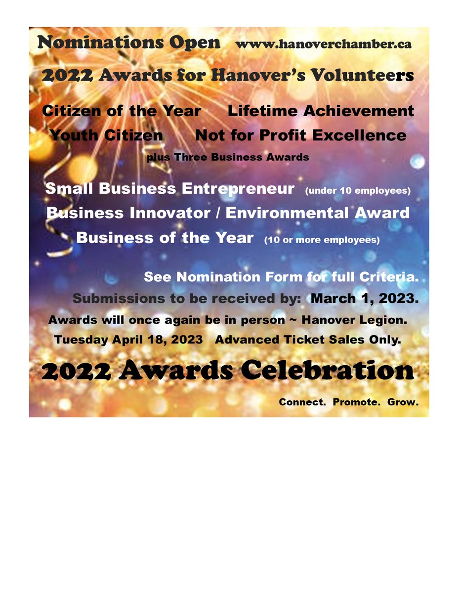 Please take a moment to acknowledge those who do so much for our community, through their business or on their own time. Nominations are open for the 2022 Hanover Citizen of the Year and six additional awards: hanoverchamber.ca for details. <a href="/OLG_CA/">OLG</a>