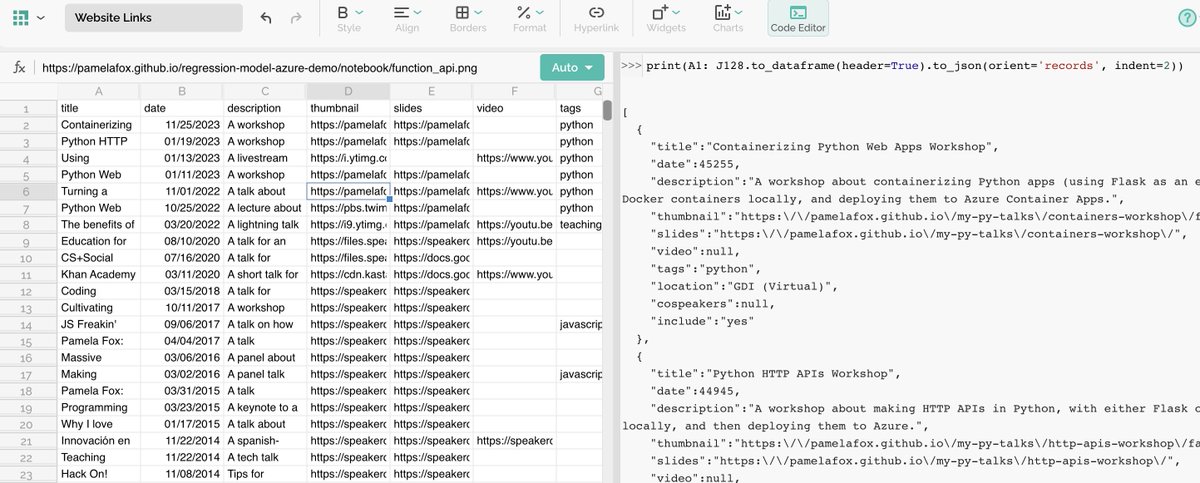 I'm excited that my friend's product <a href="/NeptyneHQ/">NeptyneHQ</a> has launched! It lets you program spreadsheets with Python.

I'm using it now to export sheets to JSON, sometimes I used to do with a massive Apps Script. Now its a 1-liner!  😍