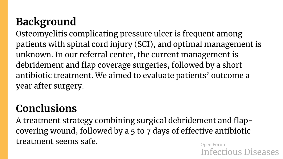 OFIDJournal's tweet photo. Short antibiotic treatment duration for osteomyelitis complicating pressure ulcers: a quasi-experimental study

✅ Just Accepted
🔓 Open Access
🔗 https://t.co/w0qQXoZyqn https://t.co/6w2qxyp4q8
