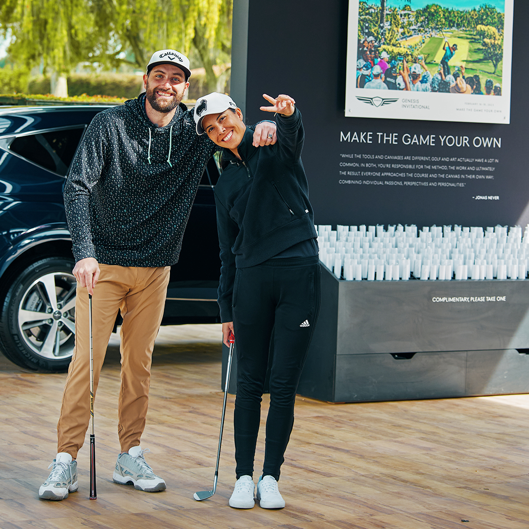 GenesisUSA's tweet photo. @holein1shots and @taniatare taking their rivalry to the big screen with the #Dryvebox. #MakeTheGameYourOwn https://t.co/PT2tL8LbGe