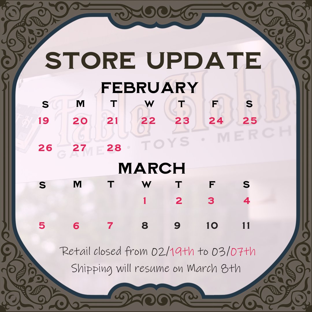 FableHobby's tweet image. Hello folks! Hope you are enjoying the weekend 😊

🗓️ We inform you that our retail store will be closed from February 19th to March 7th!

👉You can still make your purchases online but please note shipping will resume on March 8th.

See you soon!🤎