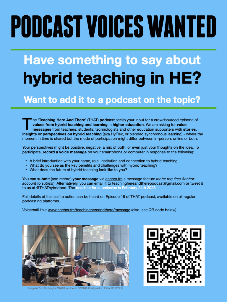 THAThybridpod's tweet image. Have something to say about #HybridTeaching / #HyFlex in #HigherEd? Want to add it to a podcast on the topic? THAT podcast has a call to action for new voices for our next episode. Full details in the image below or add it via an Anchor message: anchor.fm/teachingherean…