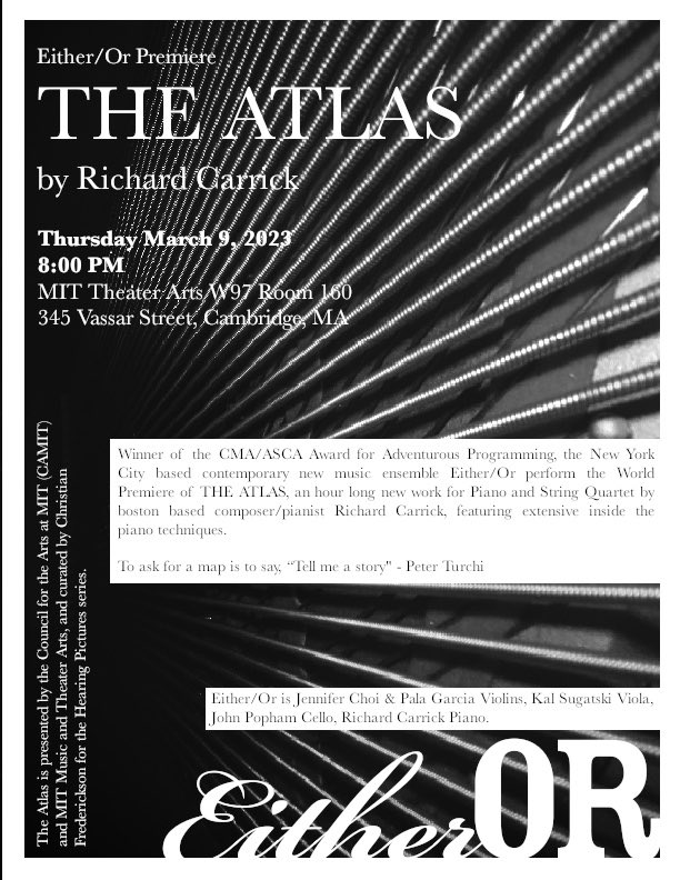 carrickmusic's tweet photo. Just finished my longest and strangely personal piece to date, The Atlas for piano and string quartet, will premiere with @EitherOrEns @jchoimusicbox @jpopham @palamusic @kalsugatski at MIT March 9. Thanks to @MacDowell1907 for the support these past few weeks. https://t.co/CQt2jbY2QF