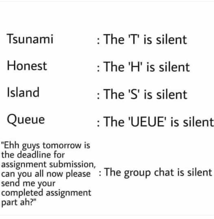 Tsunami:the 'T' is silent
Honest:the 'H' is silent
Island::the 'S' is silent
Queue::the 'UEUE' is silent
