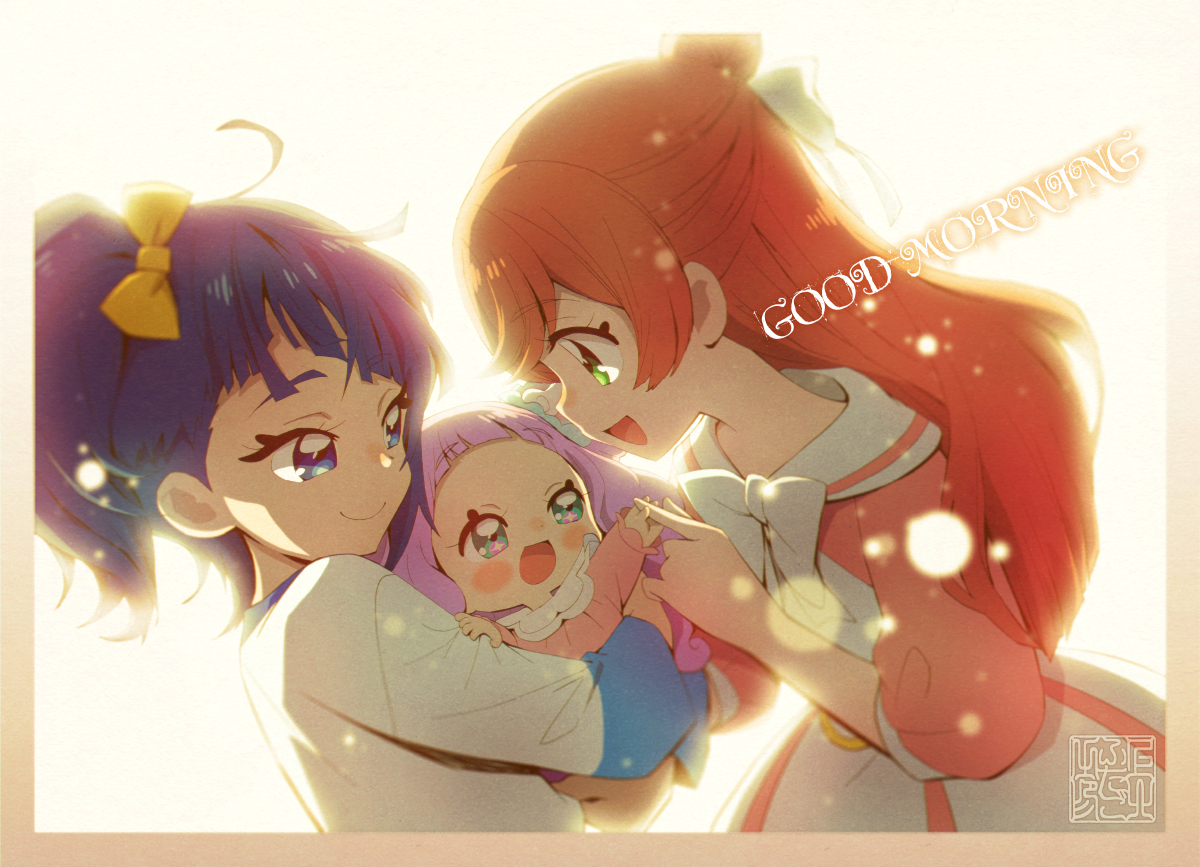 baby multiple girls 3girls smile purple hair bow blue eyes  illustration images