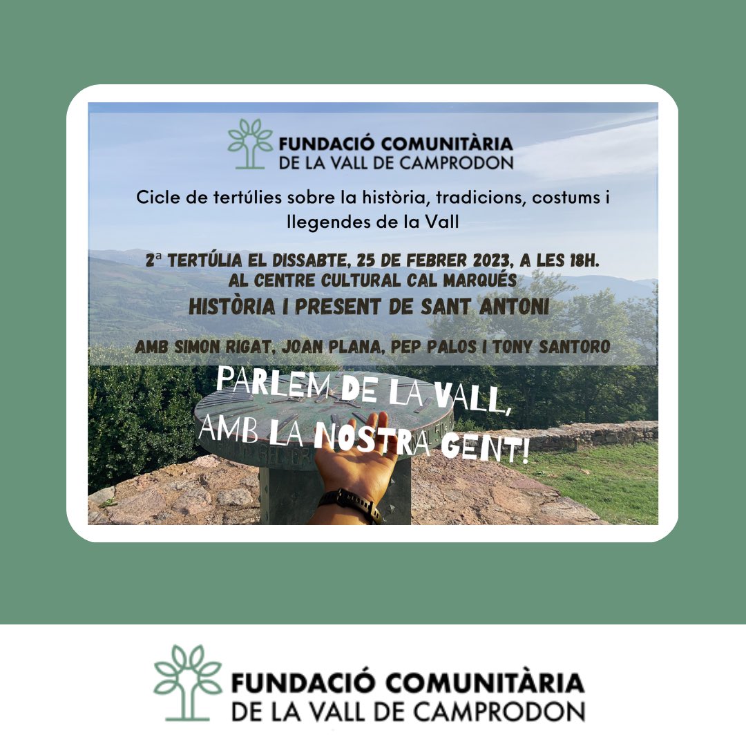 FundacioVall's tweet photo. 🔊Nova xerrada sobre la Vall i la seva gent!💪🏻Torn dels Amics de Sant Antoni, el proper dissabte, 25 de febrer a les sis de la tarda, a l’espai cultural cal Marqués ❗️
#valldecamprodon #fcvc #fundacióvalldecamprodon https://t.co/ZuB4k19JJk