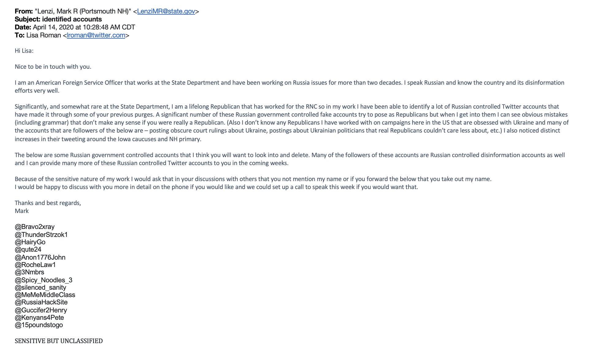 10.  Lenzi wrote to Twitter bluntly asking to remove 14 accounts distinguished among other things by
