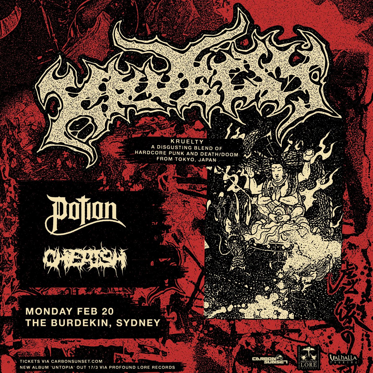 Potiondoom's tweet photo. Sydney tomorrow night at The Burdekin with Japanese hardcore royalty @krueltyjphc and CHERISH. Please come out and make my dreams come true by pitting to a doom band.

Last chance for Tickets - https://t.co/dlnXws1d5K https://t.co/YZMVABvsZU