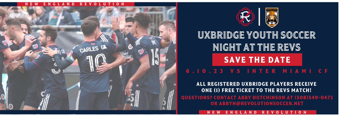 UxbridgeSoccer's tweet photo. We are excited to once again partner with the New England Revolution to offer all Spring players a free ticket to the June 10th Revolution game at Gillette Stadium. Sign up for spring soccer today to ensure you receive your free ticket. @UxbridgeSports https://t.co/8OJvuVfVJ5