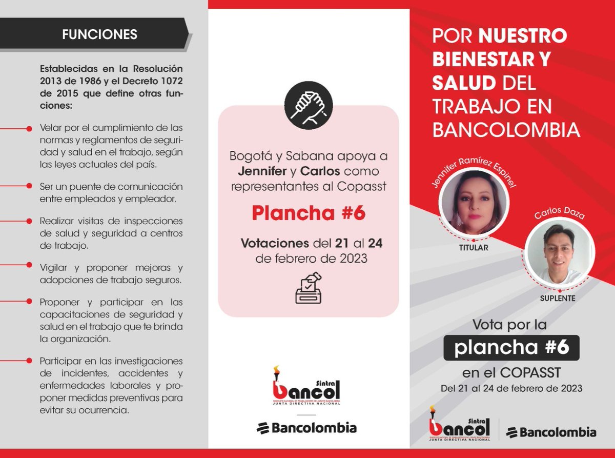 Sintrabancol_'s tweet image. Por nuestro bienestar y salud del trabajo en Bancolombia. Vota por los candidatos de @Sintrabancol_ al #COPASST  

Plancha #6️ del 21 al 24 de febrero de 2023
