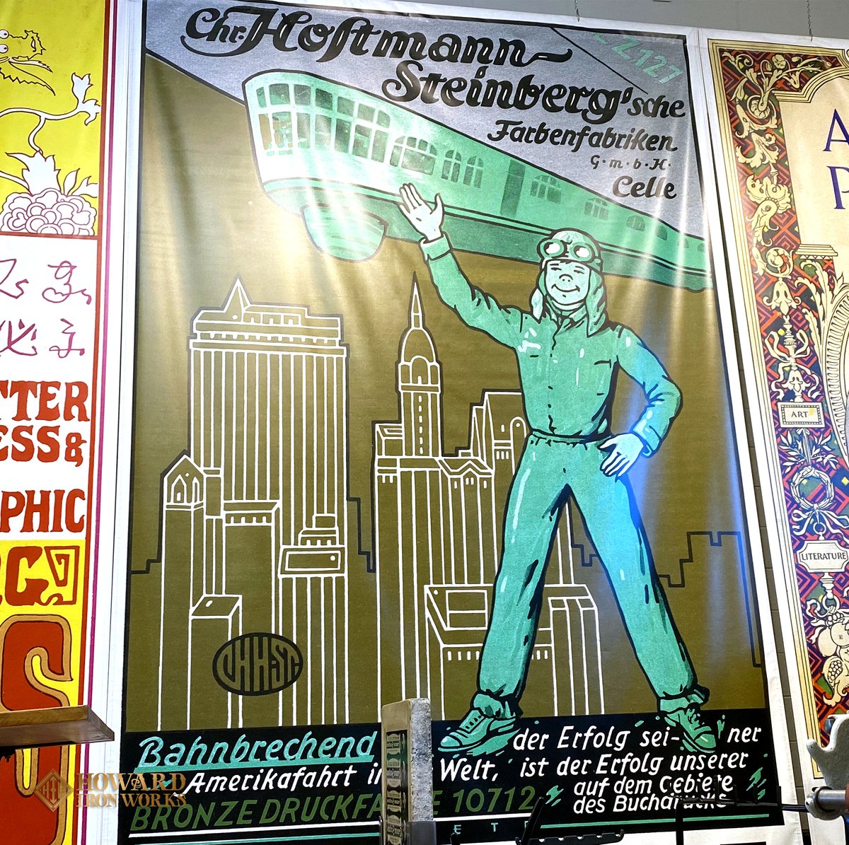 HowardIronWorks's tweet photo. Many chatters about #balloons & #airships these days - here’s a Hostmann-Steinberg ad in 1928 Deutsche Drucker. The most successful #airship in history, the LZ-127, named Graf #Zeppelin, in service from 1928 to 1937, was a source of pride for the German people. #printingink https://t.co/MVzd3JZb0s