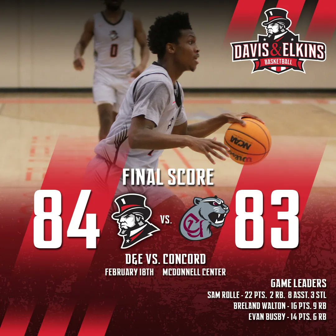 🏀 MBB FINAL: <a href="/senator_MBB/">Davis & Elkins Men's Basketball</a> moves to 16-10 on the season, downing Concord in a close game 84-83! They now have the most wins since the 1959 team! #MECbasketball #NCAAbasketball 

Game Leaders: 
📊 S. Rolle: 22pts, 8 asst.
📊 B. Walton: 16pts, 9 rb
📊 E. Busby: 14pts, 6 rb