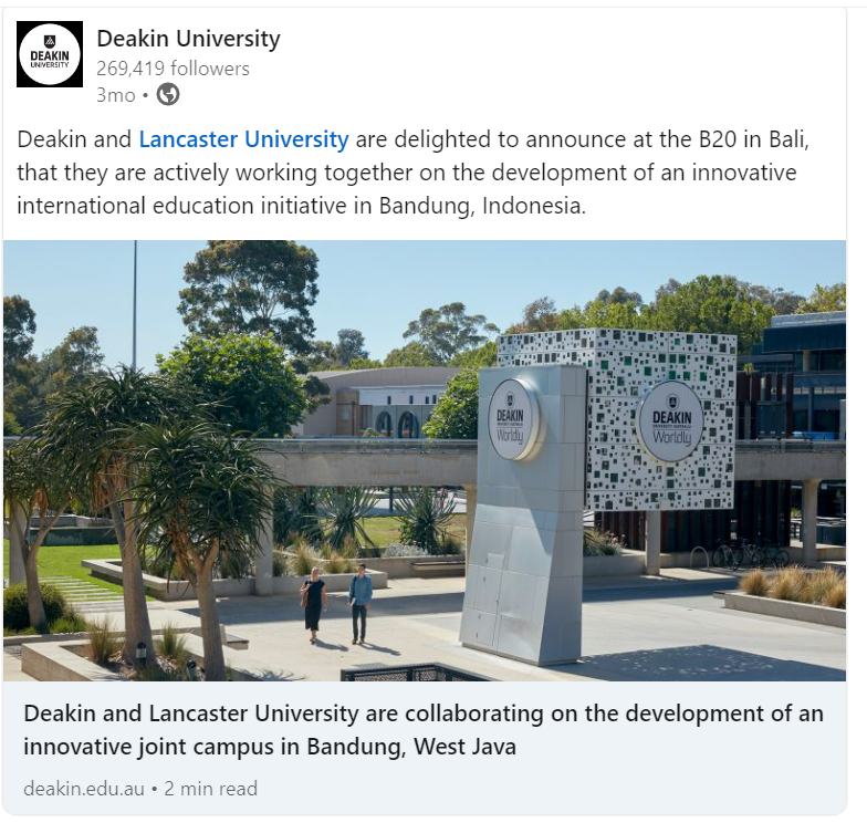 @Deakin contributing to closer #AustraliaIndonesia relationship with a campus in #Bandung, West Java (& international joint colab. with @LancasterUni UK), promoting deeper knowledge of Indonesia & Indonesian studies! @DeakinArtsEd  deakin.edu.au/about-deakin/n…