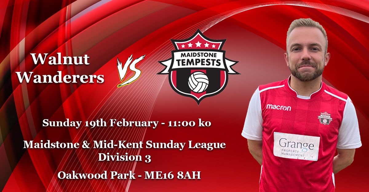 🚨NEXT MATCH🚨

Tempests look to keep the momentum going as they visit Oakwood Park to face Walnut Wanderers

⚽️ <a href="/mmksfl/">Maidstone & Mid Kent Sunday Football League</a> Division 3
🆚 #WalnutWanderers
🕒 Sun 19th Feb / 11:00 KO
🏟 Oakwood Park / ME16 8AH

#WeAreTempests #SundayLeague @PodcastSelk