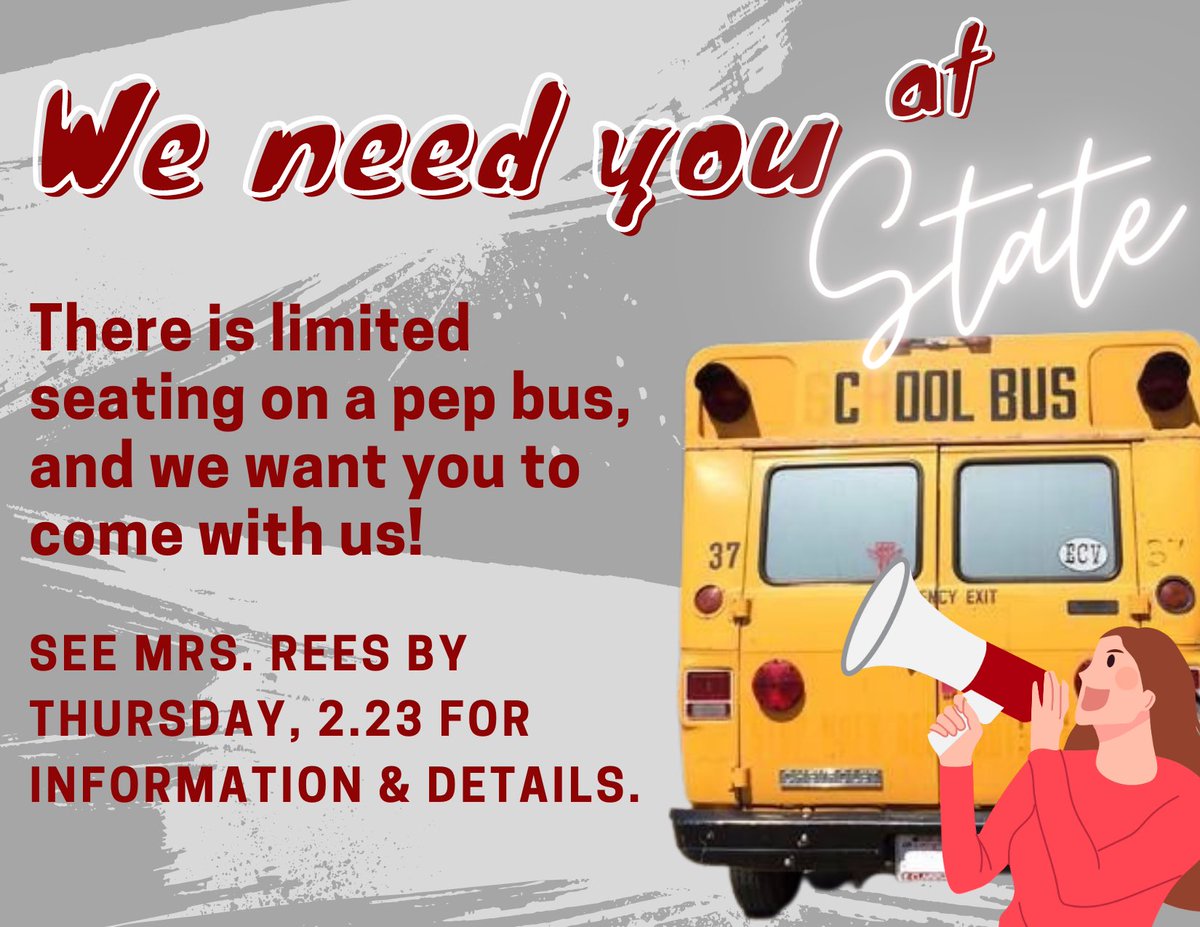 Dover_cheer's tweet photo. There are still many teams to cheer on, but we could use you March 4!
DHS students wishing to ride the pep bus to the @oassaspirit #STATE competition should see Mrs. Rees by this Thursday!
Seating is limited, but there’s tons of room for your #Doverpride!! #pleasecome #warning⚠️ https://t.co/NaRLCW6mV0