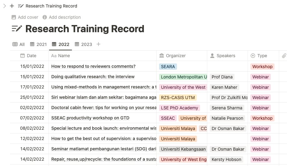 ruwaiders's tweet photo. my research training record in @NotionHQ. something i didn't know i should have a record of during the early stages of my #PhD. do you keep one? any tips? #phdchat #phdlife https://t.co/N2JO64KbRE