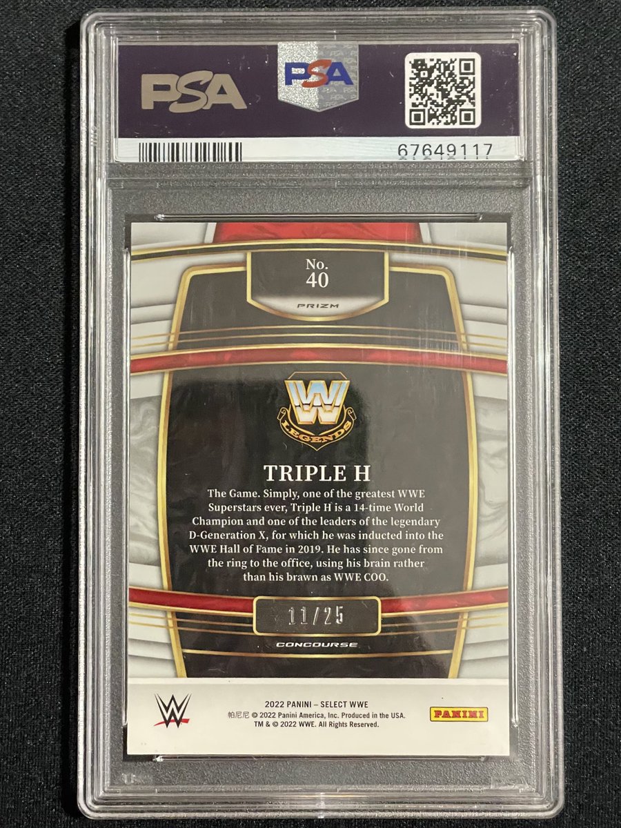 disneyworldtuna's tweet photo. It’s Time To Play The Game! Triple H 2022 Panini Select WWE Concourse Tie-Dye Prizm Parallel #11/25 PSA 10 Gem Mint! #WWE #TripleH #TheGame #Panini #PaniniWWE #SelectWWE @TripleH @PSAcard #EliminationChamber #WWEEliminationChamber https://t.co/WFQJhfdB0K