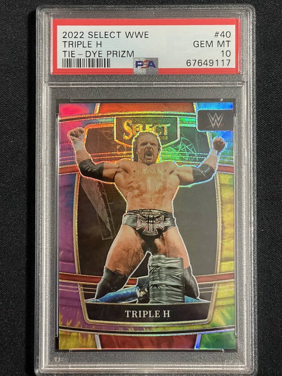 disneyworldtuna's tweet photo. It’s Time To Play The Game! Triple H 2022 Panini Select WWE Concourse Tie-Dye Prizm Parallel #11/25 PSA 10 Gem Mint! #WWE #TripleH #TheGame #Panini #PaniniWWE #SelectWWE @TripleH @PSAcard #EliminationChamber #WWEEliminationChamber https://t.co/WFQJhfdB0K