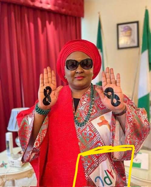 rulesplayer's tweet image. No wonder everything is upsidedown even the APC on her dress is upsidedown, May the Almighty God help us in Nigeria