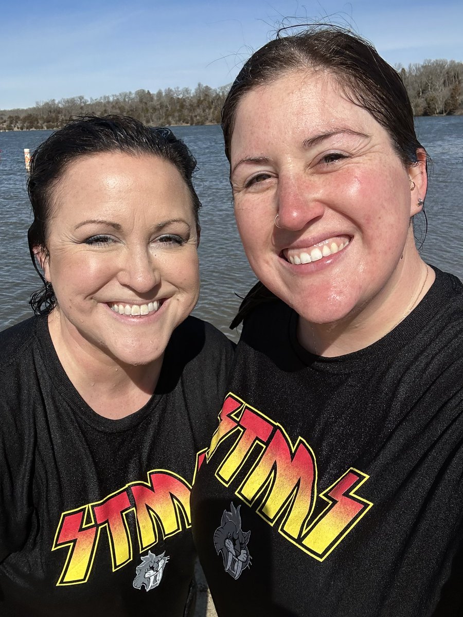 Polar Plunge before, during and after. Thankful for our @_STMS233 students, friends and family who helped us raise over $500 for the @SpecialOlympics. Also, thank you @mathwithmillard for holding my hand. ❤️ #PolarPlunge #mySTMSrocks