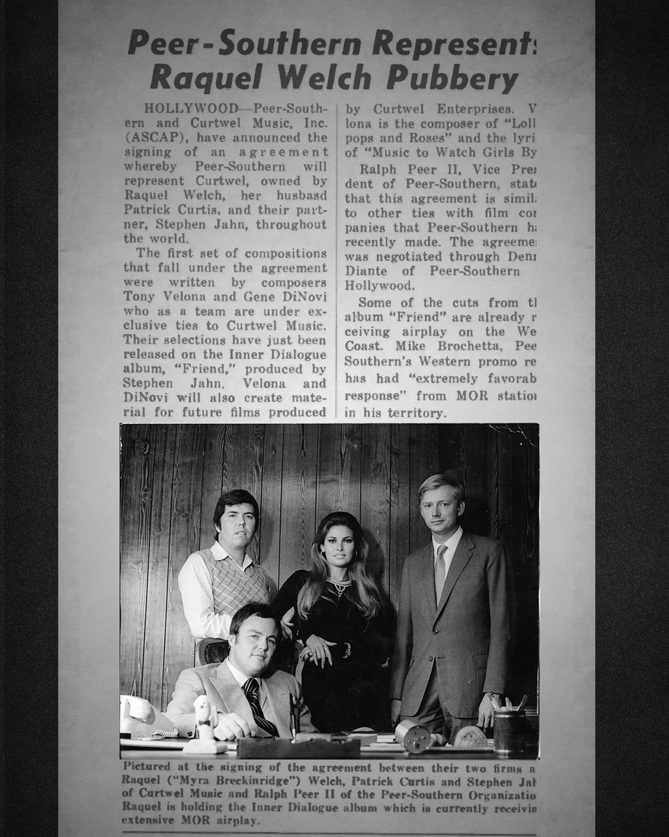 peermusic mourns the passing of award-winning actress and businesswoman Raquel Welch whose company Curtwel Music partnered with Peer-Southern in 1970. Our deepest condolences go to Welch's family and friends.

Ms. Welch pictured with Patrick Curtis, Stephen Jahn, and <a href="/RalphPeer/">Ralph Peer, II</a>.