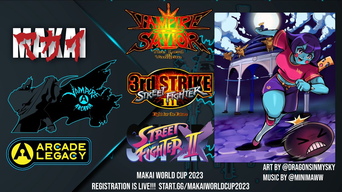 VampireArcadia's tweet photo. Makai World Cup returns on May 5th-7th 2023 to the NEW Arcade Legacy venue in Cincinnati, Ohio! Featuring Vampire Savior, Third Strike, and Super Turbo...with singles and 2v2 Waseda Team tournaments for each game!

Registration is live now! 

https://t.co/Yf5GlXZQbl https://t.co/TKGp1ykDR7
