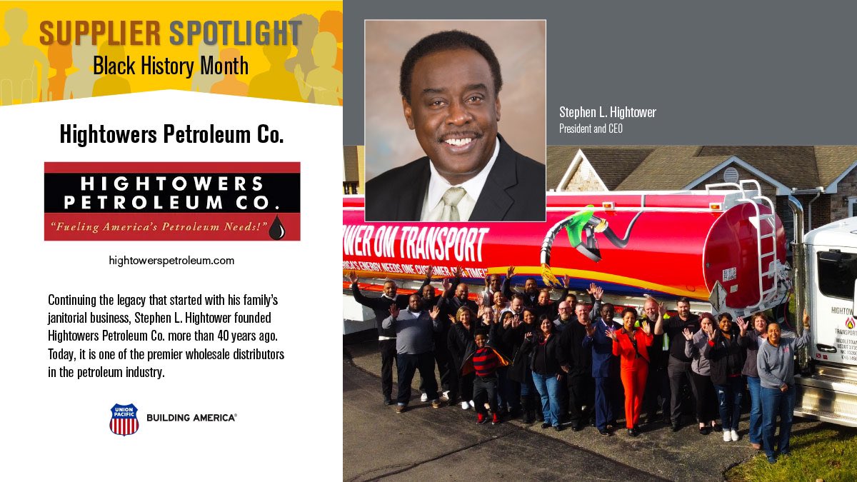 #ThankYou <a href="/UnionPacific/">Union Pacific</a> for your recognition of <a href="/SteveHightower1/">Steve Hightower</a> our CEO &amp; Hightowers Petroleum Co #HPC in your Supplier Spotlight for #BlackHistoryMont it has been an honor serving #UP for the past 18 months, utilizing our specialty fuel helping program to save the railroads