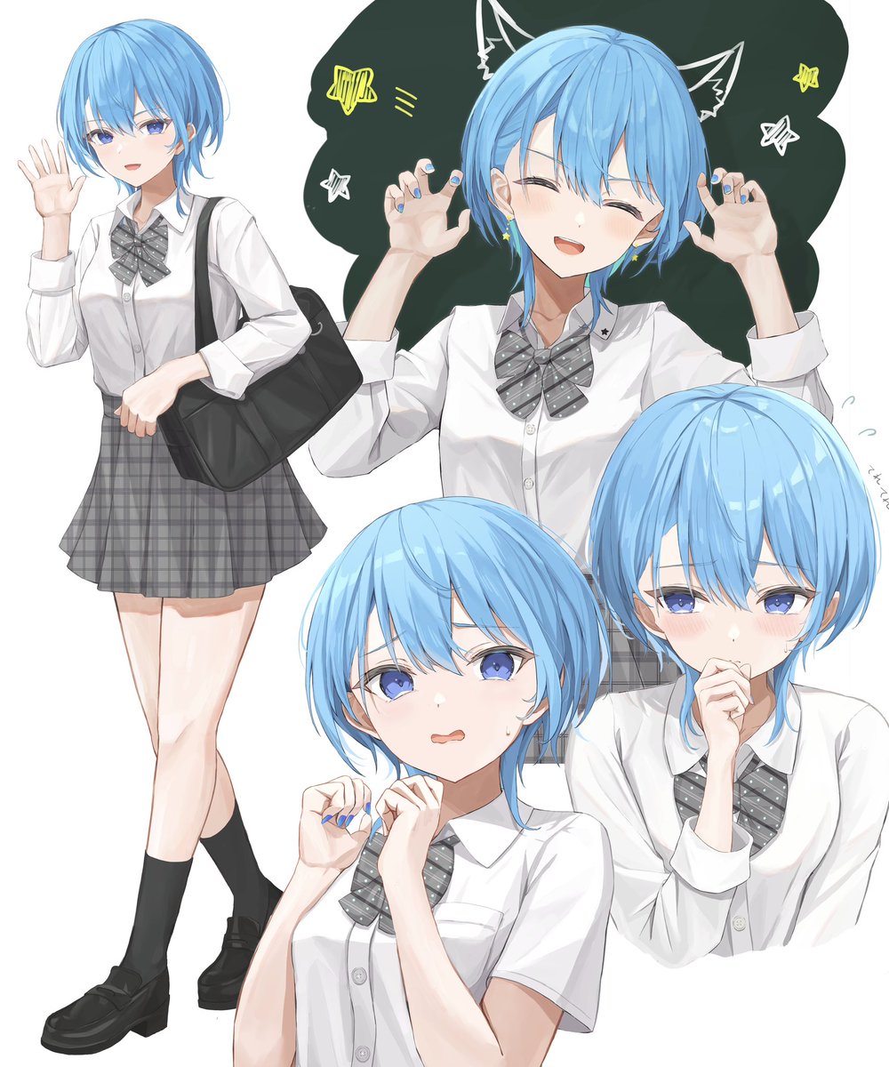 hoshimachi suisei 1girl blue hair blue eyes skirt plaid bow school uniform multiple views  illustration images