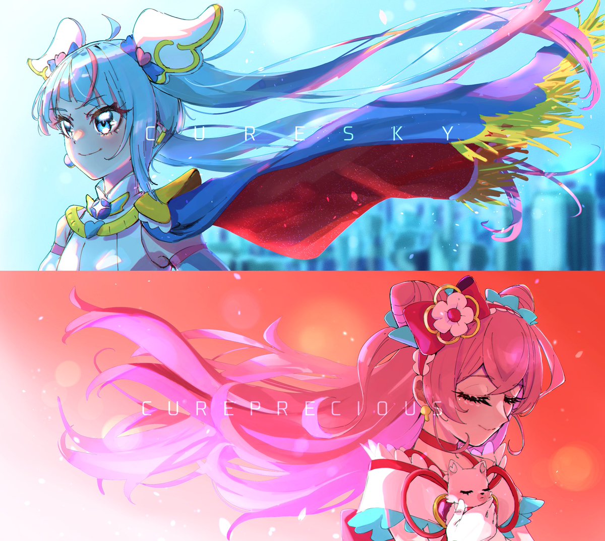 multiple girls 2girls magical girl pink hair blue hair long hair closed eyes  illustration images