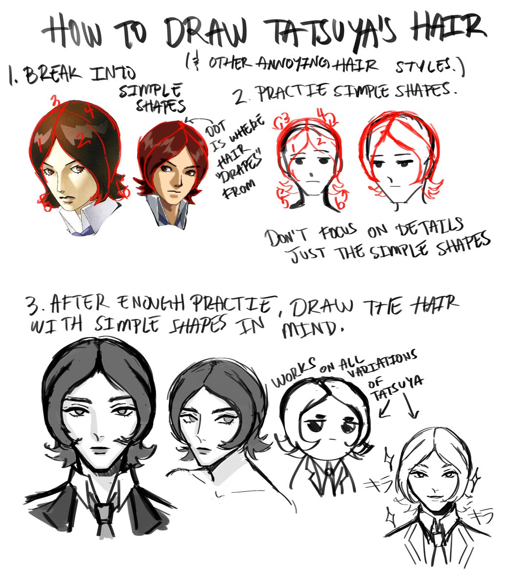 heres my personal guide on how i manage to draw tatsuyas hair it obviously works for other characters too lol