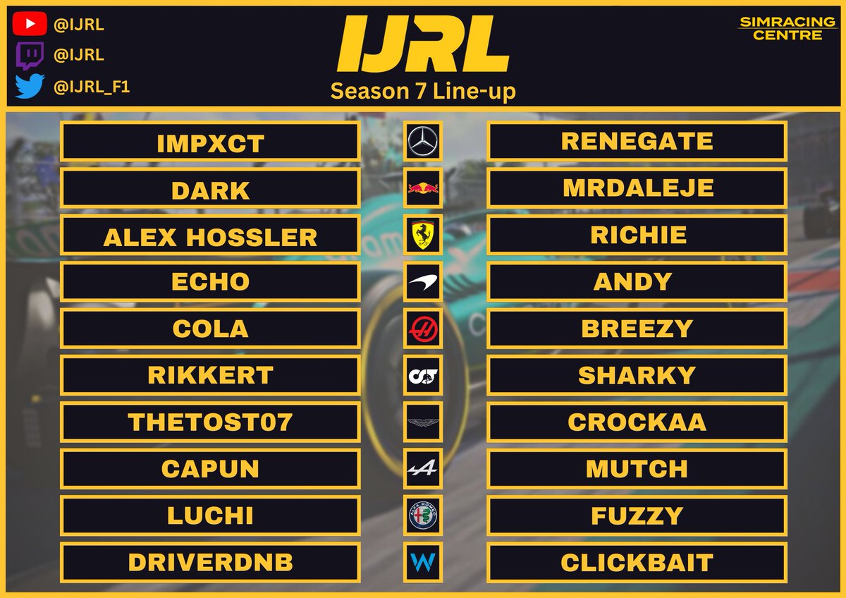 IJRL_F1's tweet photo. The moment you have all been waiting for
THE IJRL SEASON 7 LINEUP

Our season begins on 25th February 8PM GMT and the races will be weekly.

We may decide to have a season break half way through, but we will keep you updated.

Kind regards,
The IJRL Staff Team https://t.co/zA6c6DARYe