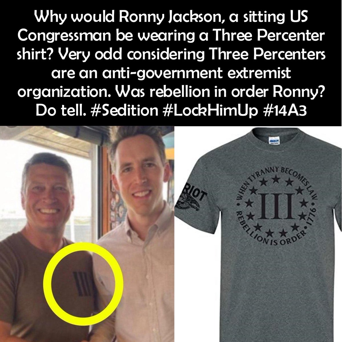 TonyHussein4's tweet photo. Here is Ronny Jackson (on the left) wearing a 3%ers shirt shaking hands with Josh Hawley (on the right). Oath Keepers founder Stewart Rhodes, at the height of the attack on the U.S. Capitol, swapped texts saying "keep Ronny safe," as "he has critical data to protect." https://t.co/4r5bMG3R9d