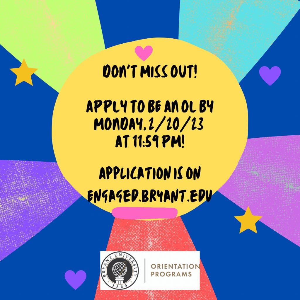 BryantSEOP (@bryantseop) on Twitter photo Orientation Leader applications are due on Monday night! Don’t miss out on this awesome leadership position! Find the application on engaged.Bryant.edu by searching for Orientation Leader in forms! #bryantorientation <a href="/BryantUniv/">Bryant University</a> <a href="/BryantCSLI/">Bryant CSLI</a> Orientation Leader applications are due on Monday night! Don’t miss out on this awesome leadership position! Find the application on engaged.Bryant.edu by searching for Orientation Leader in forms! #bryantorientation <a href="/BryantUniv/">Bryant University</a> <a href="/BryantCSLI/">Bryant CSLI</a>