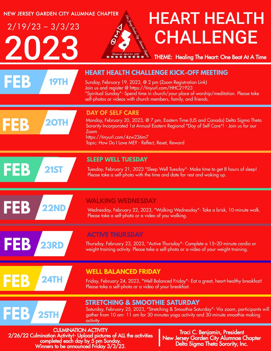 We're getting heart healthy! Call your family and friends and join us for our week-long challenge to get healthy! Join us tomorrow at 2pm and throughout the week. Register for the kickoff here: tinyurl.com/HHC21923 
See you Sunday at 2pm.